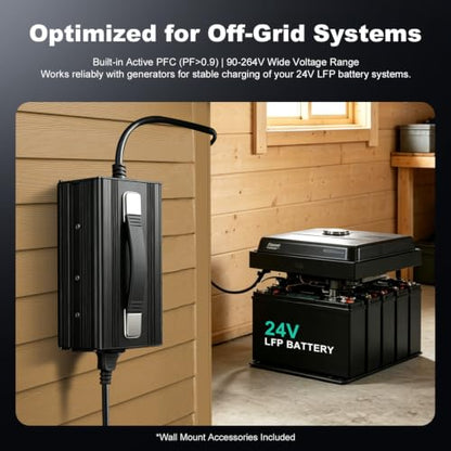24V 20A LiFePO4 Battery Charger, 29.2V Smart Lithium Charger with Anti-Spark Technology & 0V Wake-Up, Active PFC for Off-Grid Systems, Includes Wall Mount Bracket & Adapter - size: 24v 20a