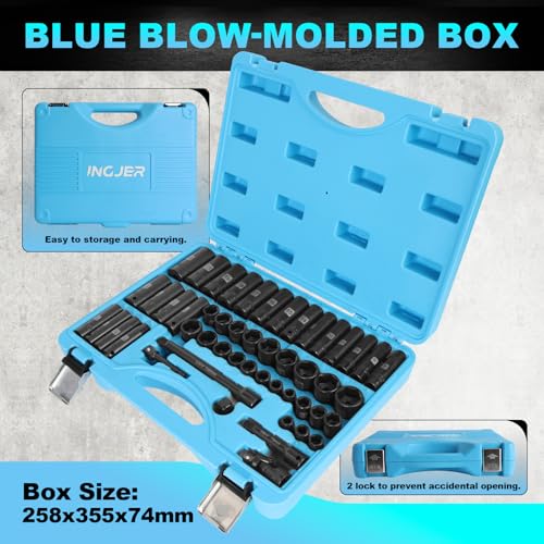 Impact Socket Set, 3/8 inch 50 Piece SAE and Metric Set, Standard SAE (5/16 to 3/4 inch) and Metric (8-22mm) 6 Point, Extension Bars, Impact Universal Joint, Adapter, Cr-V Steel - size: 3/8inch 50PCS