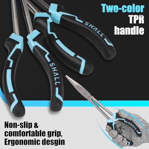 SHALL 3 PCS Long Needle Nose Pliers Set, 11" Long Nose Plier, 90° & 45° Bent Nose Pliers, Roll Up Storage Pouch Included, Two-Color TPR Handle, for Car Repair/House Work