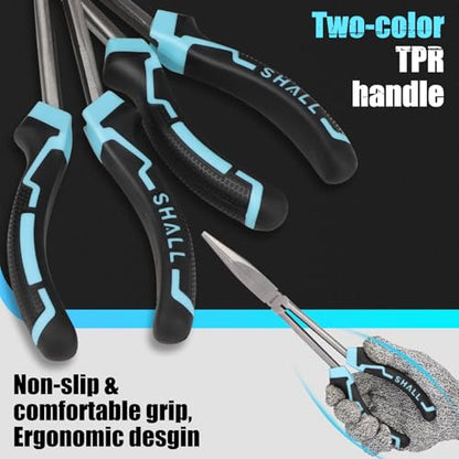 SHALL 3 PCS Long Needle Nose Pliers Set, 11" Long Nose Plier, 90° & 45° Bent Nose Pliers, Roll Up Storage Pouch Included, Two-Color TPR Handle, for Car Repair/House Work