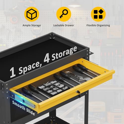 4-Tier Heavy Duty Rolling Tool Cart with Drawers & Pegboard – 420 lbs Capacity Steel Utility Cart on Wheels, Lockable Work Cart for Mechanic, Garage, Workshop - size: 4-LAYER-A (ONE DRAWER)