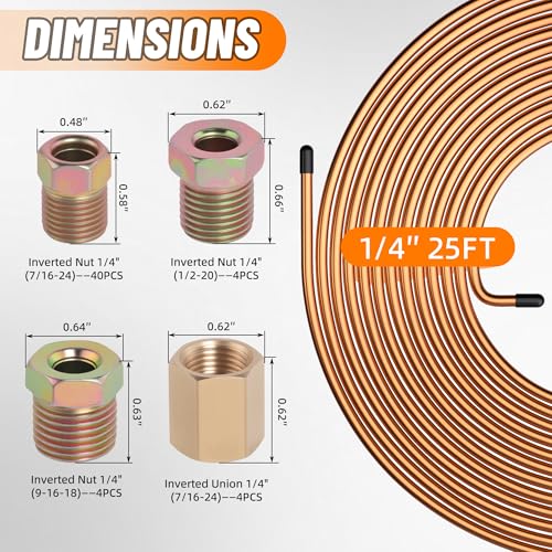 2 Sets 25 FT 1/4" Brake Line Tubing Assortment Kit with 54 Pcs Brake Line Fittings(7/16 Inch-24 Threads Nuts and Unions,1/2 Inch-20 Thread,9/16 Inch-18 Thread Nut) - size: 0.25 Inch