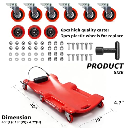 BESTOOL 40 Inches Mechanic's Creeper, Heavy-Duty Garage Creeper with HQ&Durable Casters, 350LBS Capacity Low-Profile Design, LED Working Lights,Red - color: Red-LED lights, size: 40in
