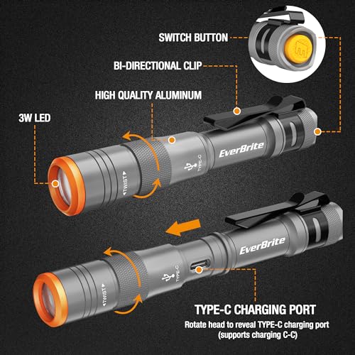 EverBrite Mini Pen Light, Rechargeable Pocket Pen Flashlight with USB C Cable, 4 Light Modes, 300 Lumens Small Flashlight with Clip for Inspection, Repair, Outdoors, Emergency, Gunmetal Grey - color: Gunmetal grey