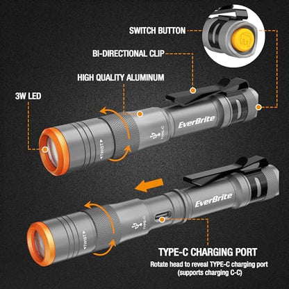 EverBrite Mini Pen Light, Rechargeable Pocket Pen Flashlight with USB C Cable, 4 Light Modes, 300 Lumens Small Flashlight with Clip for Inspection, Repair, Outdoors, Emergency, Gunmetal Grey - color: Gunmetal grey