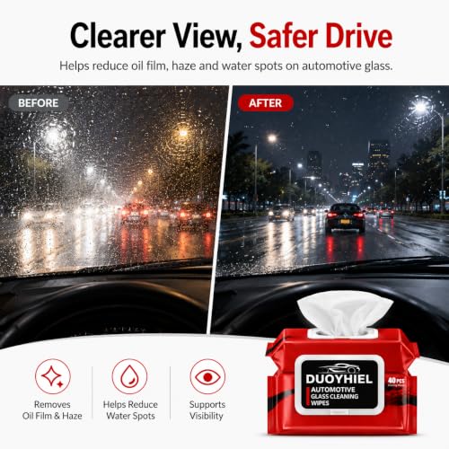 Car Glass Cleaning Wipes, 40 PCS Automotive Windshield Oil Film Remover Wipes for Car Windows, Mirrors & Windshield, Disposable Auto Glass Cleaner Wipes for Haze, Smudges, Water Spots, Dirt & Residue