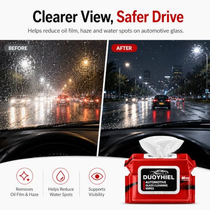 Car Glass Cleaning Wipes, 40 PCS Automotive Windshield Oil Film Remover Wipes for Car Windows, Mirrors & Windshield, Disposable Auto Glass Cleaner Wipes for Haze, Smudges, Water Spots, Dirt & Residue