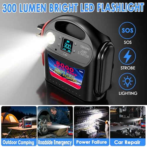 8000A 12V/24V Jump Starter for Large Gas & Diesel Engines, Heavy-Duty Portable Battery Booster Pack for Trucks, RVs & Commercial Vehicles with Force Start, Digital Display, LED Light & USB Charging