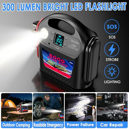 8000A 12V/24V Jump Starter for Large Gas & Diesel Engines, Heavy-Duty Portable Battery Booster Pack for Trucks, RVs & Commercial Vehicles with Force Start, Digital Display, LED Light & USB Charging