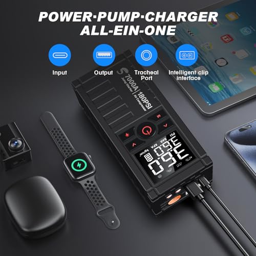 Jump Starter with Air Compressor, 7000A 180PSI Car Battery Jump Starter Jump Box (All Gas/10.0L Diesel), Battery Jumper Starter Portable Jumper Cables, Large LCD Display, LED Light Black