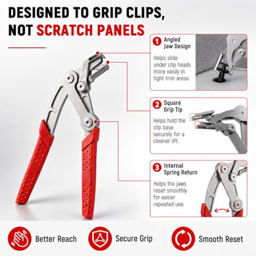 Car Clip Pliers, Auto Clip Removal Pliers, Panel Clip Removal Tool for Automotive Plastic Fasteners, Trim Clips & Door Panel Removal, 17-4 PH Stainless Steel, Damage-Free Removal