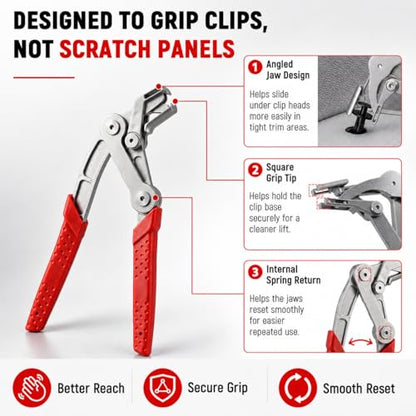 Car Clip Pliers, Auto Clip Removal Pliers, Panel Clip Removal Tool for Automotive Plastic Fasteners, Trim Clips & Door Panel Removal, 17-4 PH Stainless Steel, Damage-Free Removal