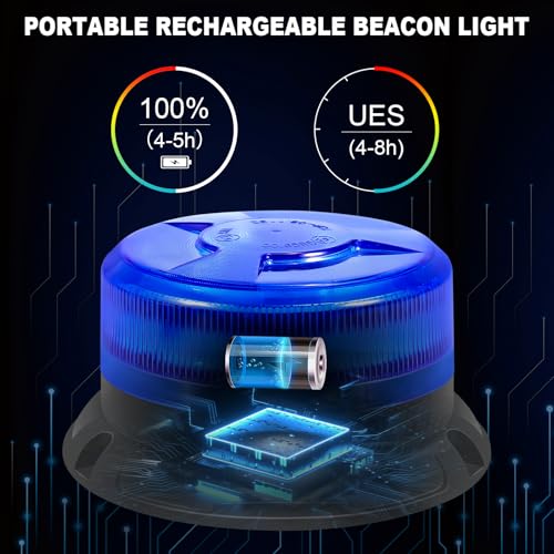 AnTom Magnetic Wireless Strobe Light Blue Warning Beacon Light for Trucks | Rechargeable Waterproof Emergency Safety Rooftop 9 Modes Rotating Flashing Lights for Volunteer Firefighter POV, Highway Hero - color: Blue