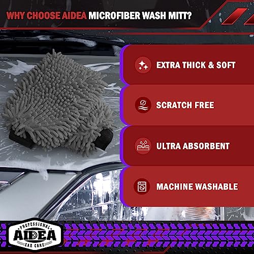 AIDEA Car Wash Mitt Microfiber, 2PK, Car Wash Brush, Grey, 8''X12'' | Scratch Free Lint Free Premium Chenille Microfiber Mitt, Cleaning Supplies, Extra Large Size - color: Grey, size: 2PK-8''X12''