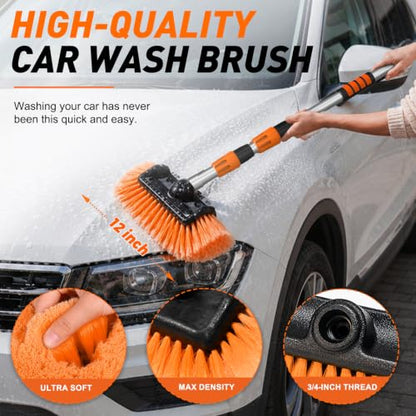 SISUPASSIE 12FT Car Wash Brush with Long Handle, 12-Inch Soft Bristle Car Cleaning Brush for Cleaning RV, Truck, Boat, Solar Panels, Orange - color: Orange
