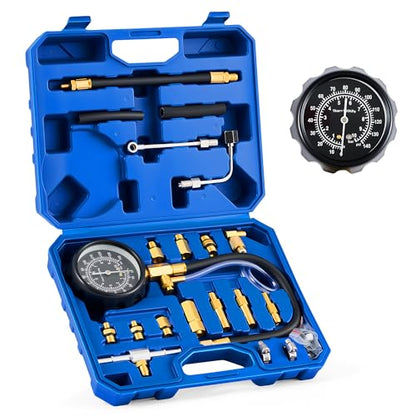 OMT Fuel Injection Pressure Tester Kit With 140 PSI Gauge, Quick Fittings | Durable Brass & Aluminum Connectors; Gasoline Pump Diagnostic Hoses; Vehicle Maintenance; For Professional Auto Mechanics
