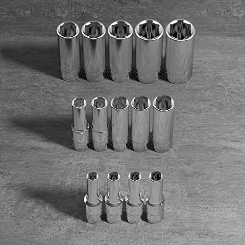 Olsa Tools Metric Deep Socket Set - 1/4-Inch Drive, 14pc - 6-Point Chrome Sockets from 4mm–15mm and No Skipped Sizes - Mechanic Deep Metric Socket Set - Professional Grade Long Sockets - Part: 1327 - color: Metric Deep, size: 14pc, 1/4-Inch Drive