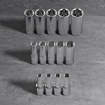 Olsa Tools Metric Deep Socket Set - 1/4-Inch Drive, 14pc - 6-Point Chrome Sockets from 4mm–15mm and No Skipped Sizes - Mechanic Deep Metric Socket Set - Professional Grade Long Sockets - Part: 1327 - color: Metric Deep, size: 14pc, 1/4-Inch Drive