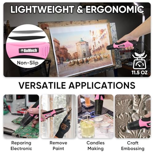ROMECH 350W Heat Gun with 2 Nozzles, Dual Temp Heat Gun 400°F-660°F, Fast Heat Hot Air Gun with Overload Protection for DIY Craft Embossing Shrink Wrapping (Pink) - color: Pink