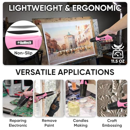 ROMECH 350W Heat Gun with 2 Nozzles, Dual Temp Heat Gun 400°F-660°F, Fast Heat Hot Air Gun with Overload Protection for DIY Craft Embossing Shrink Wrapping (Pink) - color: Pink