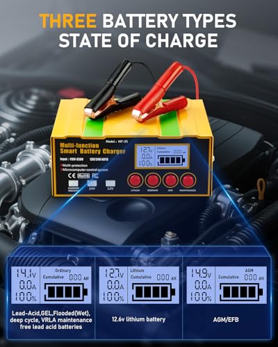 12-Amp Smart Battery Charger,Lithium,Lead-Acid(AGM/Gel/SLA) Pulse Repair Car Battery Charger,Trickle Charger,Maintainer/Deep Cycle Charger,12V/10A | 24V/7.5A for Automotive,Boat,Motorcycle,Lawn Mower
