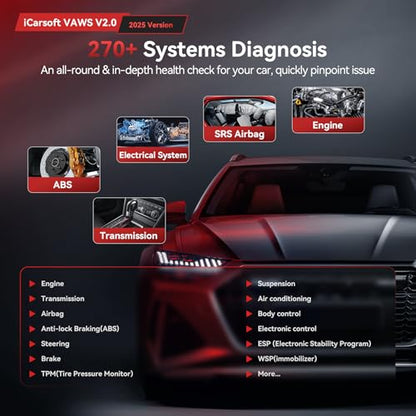 iCarsoft VAWS V2.0 2026 Ver All System Diagnostic Tool for VW Audi Bentley Bugatti Seat Man LD Skoda Etc 9 Services Live Data Battery Test OBD2 Scanner Lifetime Free Update Check Engine Code Reader