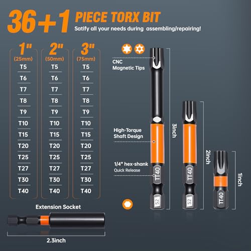 Security Tamper Proof Torx Bit Set,36-Piece T5-T40, S2 Steel Magnetic Bits | S2 Steel Security Torx Bit Set, CNC Machined Tips, 1/2/3" Bits, Magnetic Holder, Storage Box, for Impact, Auto