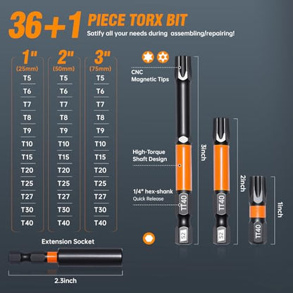 Security Tamper Proof Torx Bit Set,36-Piece T5-T40, S2 Steel Magnetic Bits | S2 Steel Security Torx Bit Set, CNC Machined Tips, 1/2/3" Bits, Magnetic Holder, Storage Box, for Impact, Auto