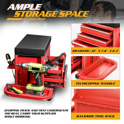 Magshion 3-Drawer Rolling Tool Chest, Mechanic Seat on Wheels with Drawers, Side Tool Tray & Rear Rack for Garage, Warehouse & Repair Shop, 350 Lbs Max Weight Capacity, Red - color: Red