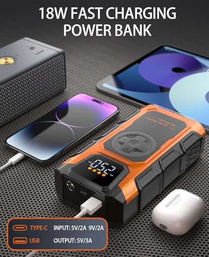 Jump Starter with Air Compressor, 6000A Car Battery Charger Power Jump Box Start 12V Vehicles(Up to 9.0L Gas&7.5L Diesel Engines) Portable Car Booster Jumper Pack Combo150 PSI Tire Inflator