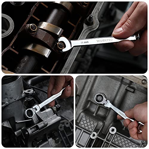 WORKPRO 8-piece Flex-Head Ratcheting Combination Wrench Set, Metric 8-17mm, 72-Teeth, Cr-V Constructed, Mirror Polished Chrome Plated with Roll Up Pouch - size: Metric, style: Mirror Polished