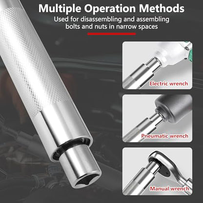 1/2" Offset Extension Wrench, Impact Ratchet Extender for Electric Drill with 6 Adapters & Sockets(3/8" 1/4" 1/2" )& 1/2'' Impact Adapter, High Torsion Wrench Set Slim Design for Tight Narrow Spaces - color: Sliver