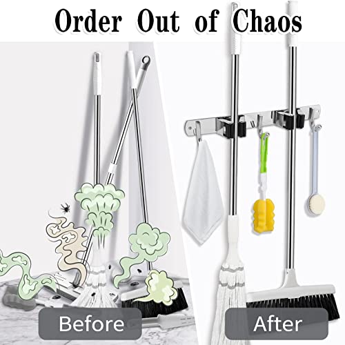 AceMining Broom Holder Wall Mount, 2 Racks 3 Hooks Heavy Duty Mop Organizer | Mop Holder Wall Mount and Broom Hanger for Garage, Laundry Room, Kitchen and Utility Storage - color: 2 Racks & 3 Hooks (Silver) - 1 Pack