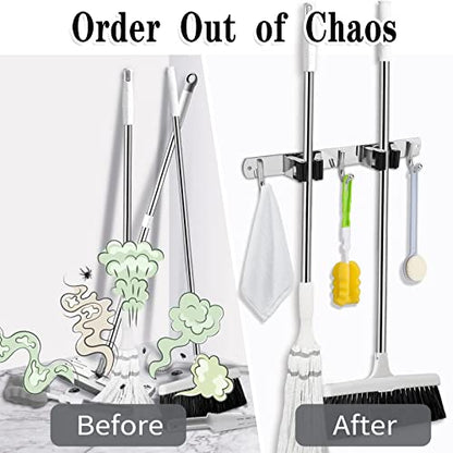AceMining Broom Holder Wall Mount, 2 Racks 3 Hooks Heavy Duty Mop Organizer | Mop Holder Wall Mount and Broom Hanger for Garage, Laundry Room, Kitchen and Utility Storage - color: 2 Racks & 3 Hooks (Silver) - 1 Pack