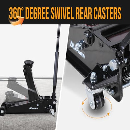 APlusLift FE400B 4 Ton Low Profile Steel Racing Floor Jack Lift Up To 21" | ASME PASE-2019 certified dual piston quick lift design, 3-15/16" minimum height, 360° swivel casters perfect for racing cars