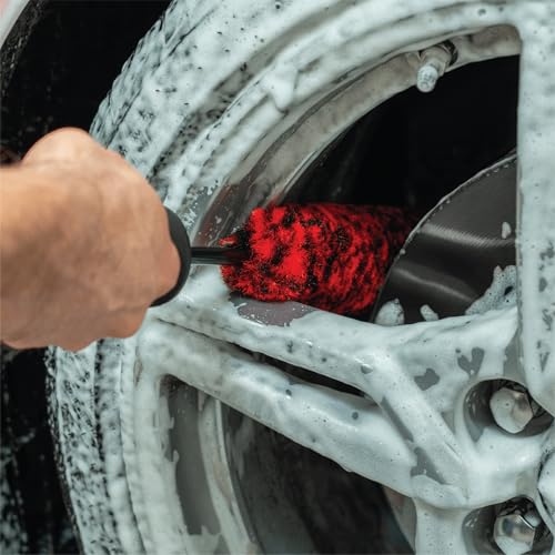 Mothers Wheel Barrel Brush, 16-Inch Wheel Cleaning Brush for Car Detailing, Long Reach Rim and Spoke Tool for Brake Dust, Red and Black, 1 Pack