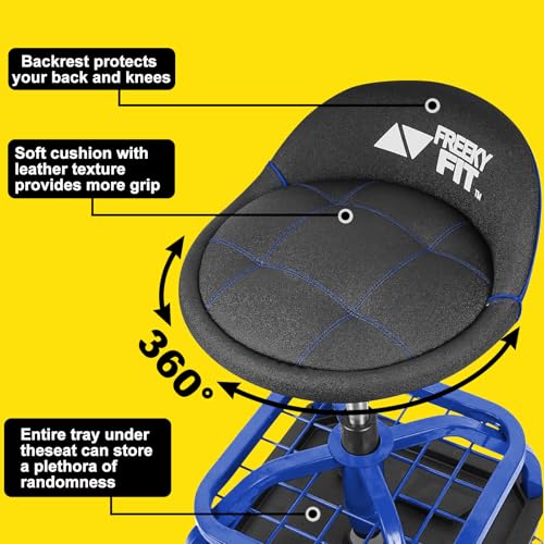 Rolling Stool with Blue Wheels,Heavy Duty Garage Work Mechanic Rolling Shop Stool with Backrest, Adjustable Height 360°Swivel Roller Mechanic Chair with 2 Tool Trays, 330 LBS Capacity - color: Blue Stool With Blue Casters