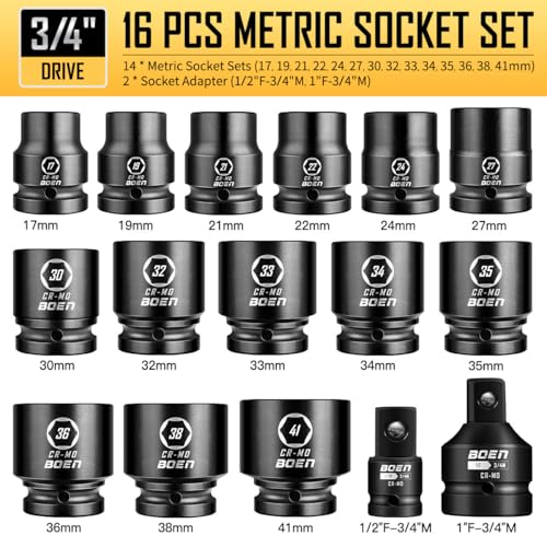 boen 3/4" Drive Metric Socket Set, 17mm - 41mm Large Impact Sockets, 6-Point CR-MO Steel, Rugged Construction,16PCS with a Storage Case, for Large Vehicle and Machinery Maintenance - size: 17mm-41mm
