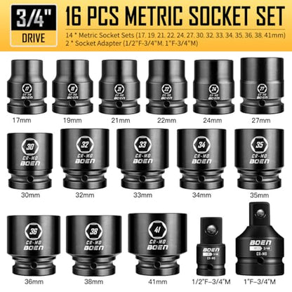 boen 3/4" Drive Metric Socket Set, 17mm - 41mm Large Impact Sockets, 6-Point CR-MO Steel, Rugged Construction,16PCS with a Storage Case, for Large Vehicle and Machinery Maintenance - size: 17mm-41mm