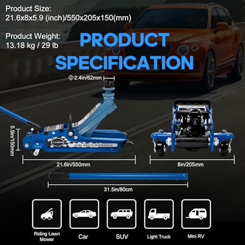 2.5 Ton Floor Jack Low Profile, Heavy-Duty Steel Racing with Single Piston Lift Pump, Lifting Range 3.35"-14.96" （Blue）