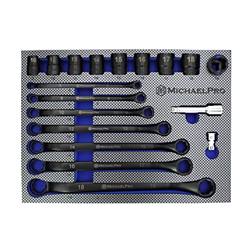 MichaelPro 18-Piece Bolt Extractor Wrench and Socket Set, 45° Offset Wrenches Metric 6-19mm, 6-Point Box End Nut for Rounded, Stripped & Thin Bolts Removal, CR-V Steel, Extractor Sockets 10-19mm