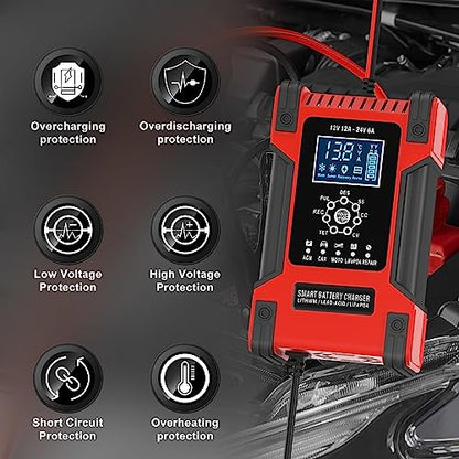 12V/12A 24V/6A Fully-Automatic Smart Battery Charger for LiFePO4 Lead-Acid AGM Wet Gel Battery, Trickle Charger Maintainer for ATV Motorcycle Marine