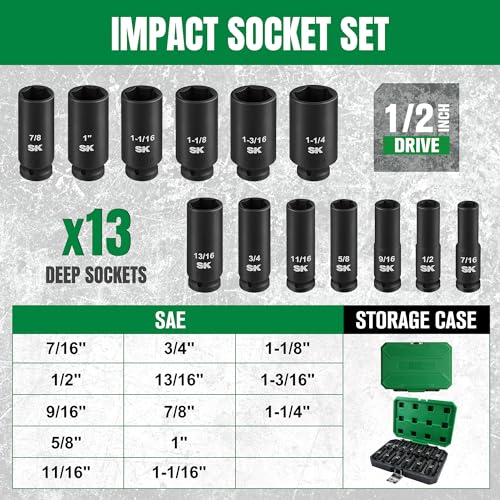 SK 1/2" Drive Impact Socket Set, Deep SAE Sockets, 13-Piece 7/16" to 1-1/4", Premium CR-MO Steel, SureGrip 6 Point Design, With Storage Case - size: SAE
