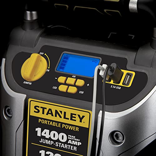 Stanley J7C09D 1400 Peak Amp Automotive Jump Starter, Portable Power – Triple 15W USB Ports, 120 PSI Air Compressor for Tires & Sports Equipment - size: 1400 Amps