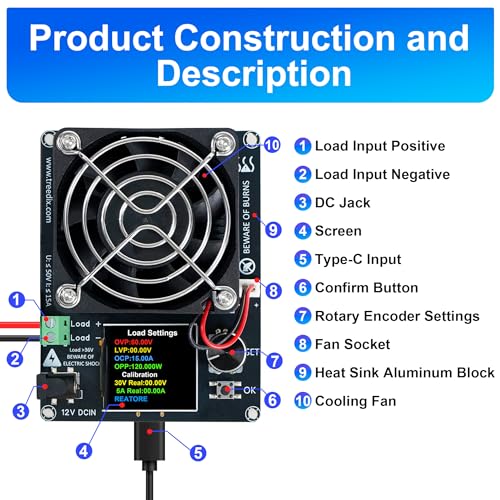 Treedix 120W Mini Electronic Load Tester Constant Current Discharge Module | Battery Load Tester with Color Screen for Li-ion Capacity Data Monitoring
