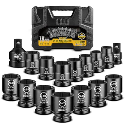 boen 3/4" Drive SAE Standard Socket Set, 11/16" - 1-1/2" Large Impact Sockets, 6-Point CR-MO Steel, Rugged Construction,16PCS with a Storage Case, for Large Vehicle and Machinery Maintenance - size: 11/16”-1-1/2"