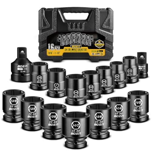 boen 3/4" Drive SAE Standard Socket Set, 11/16" - 1-1/2" Large Impact Sockets, 6-Point CR-MO Steel, Rugged Construction,16PCS with a Storage Case, for Large Vehicle and Machinery Maintenance - size: 11/16”-1-1/2"