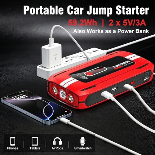 Car Jump Starter 5000A Peak, 12V Battery Booster Portable,59.2Wh Jump Pack | Jump Box Car Battery Charger(9L Gas/6L Diesel) with USB Ports, Jumper Cables,LED Light,Storage Case