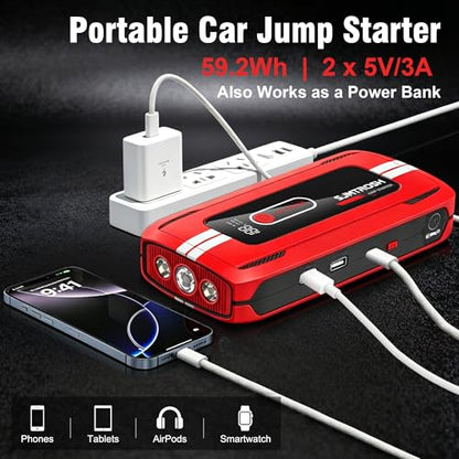 Car Jump Starter 5000A Peak, 12V Battery Booster Portable,59.2Wh Jump Pack | Jump Box Car Battery Charger(9L Gas/6L Diesel) with USB Ports, Jumper Cables,LED Light,Storage Case