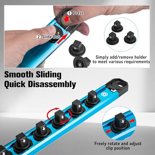 DURATECH Magnetic Socket Organizer Set, 1/4”, 3/8”, 1/2” Aluminum Alloy Socket Rail with 64 Clips, Socket Holder for Tool Box Drawer, Tool Cart and Garage Organization(6PCS) - size: 6PCS